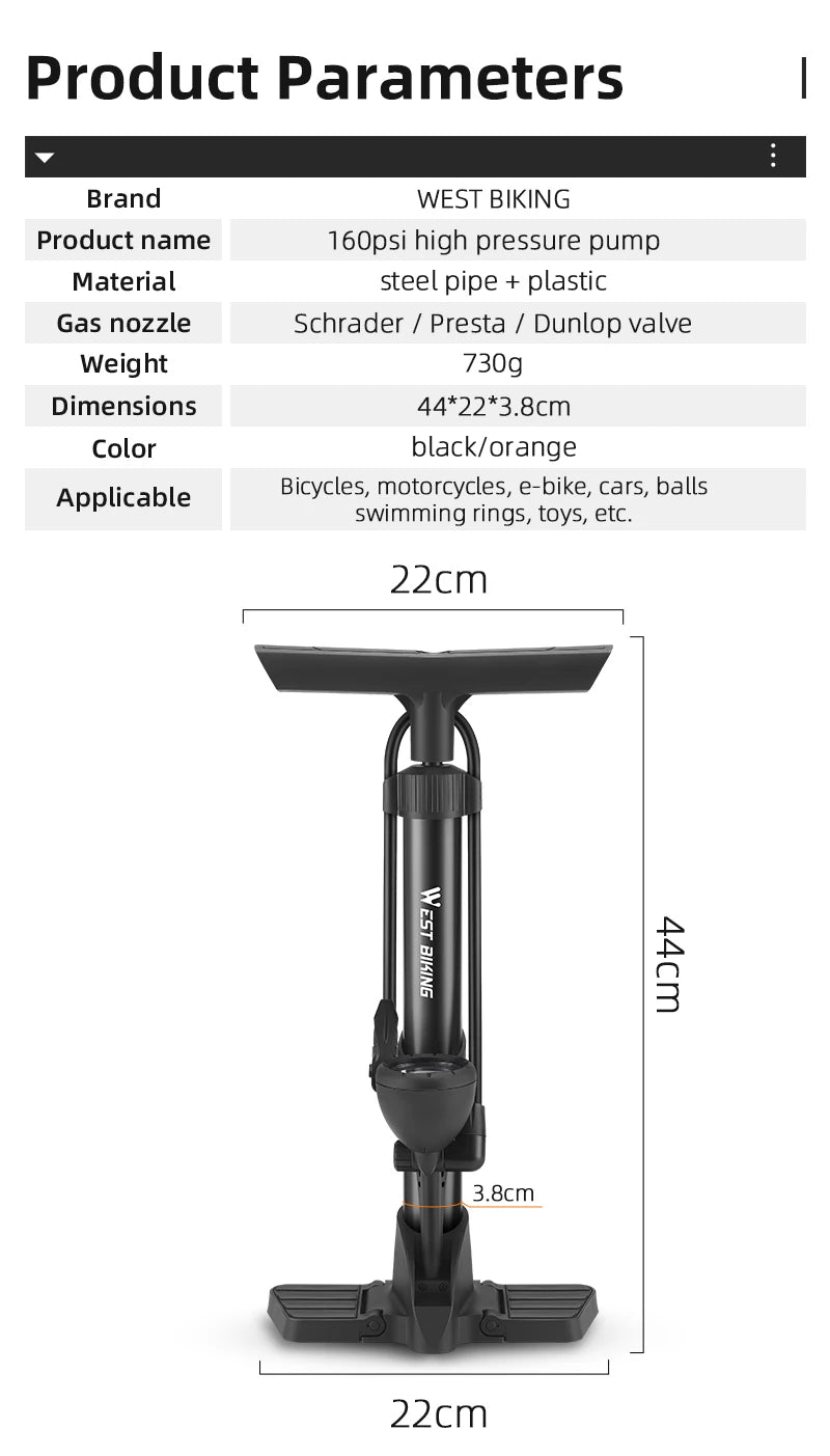 WEST BIKING Bicycle Pump 160PSI Portable Steel Vertical Pump Schrader Presta Valve Inflator MTB Road Bike Pump Bike Accessories
