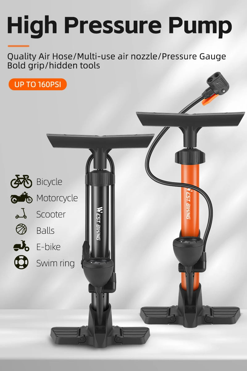WEST BIKING Bicycle Pump 160PSI Portable Steel Vertical Pump Schrader Presta Valve Inflator MTB Road Bike Pump Bike Accessories