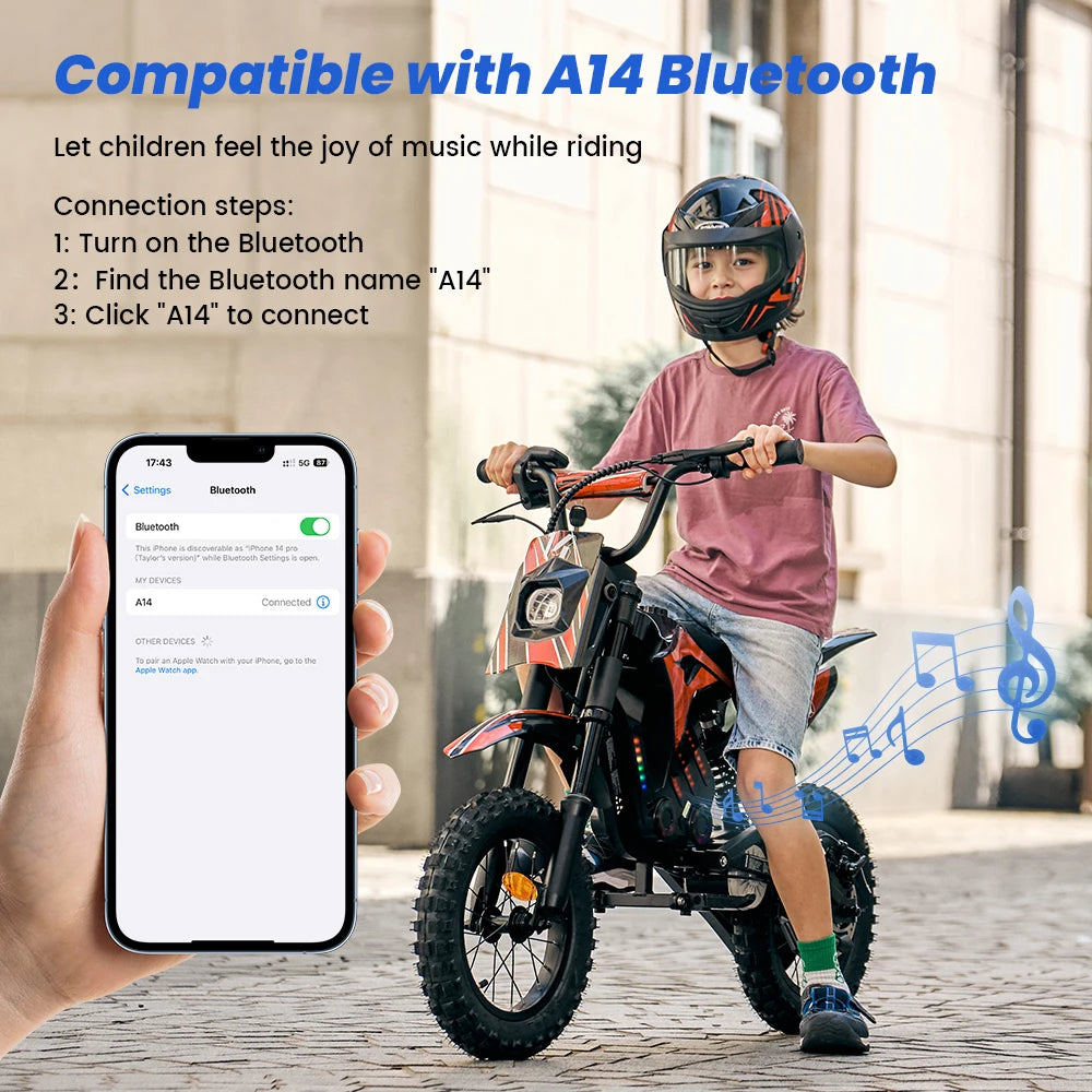 Kids E-bike A14, Bluetooth Music, 3 Speed Modes 27km/h - Cilla Scooters
