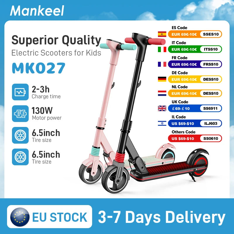 Mankeel MK027 Electric Scooter for Kids Age 6-12, 185W Children's Electric Scooters, Max 14KM/H, 5-8KM Range, Folding E-Scooter