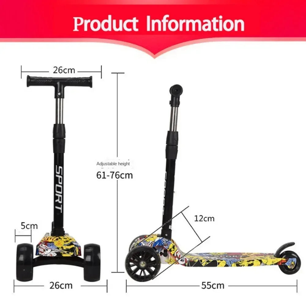 2024 New Foldable Children Scooter Widened Pedals with Flash Wheels 3 Wheel Scooter Lightweight Adjustable Height Kids Scooter