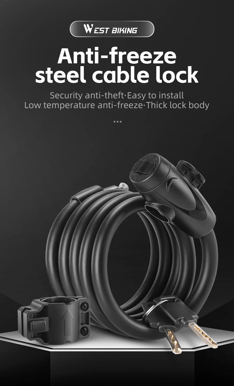 WEST BIKING Anti-freeze Bike Cable Lock 1.2/1.5m Thicken Anti-theft Safety Lock Portable Bicycle Lock MTB Road Bike Accessories - Cilla Scooters