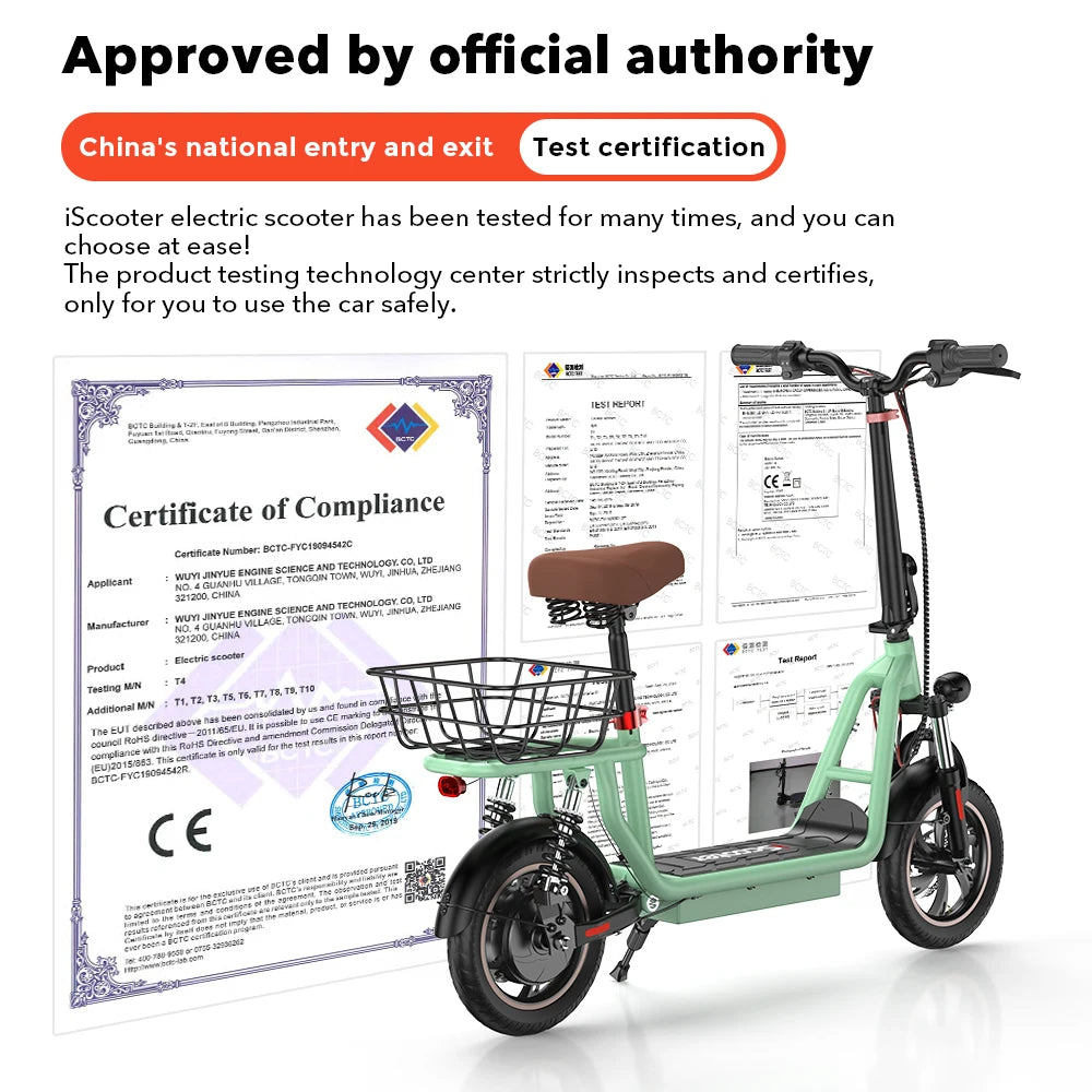 iScooter i12 Electric Scooter With seat And basket 12 Inch 500W Foldable Kick eScooter 36V 7.5Ah Max Range 35km Mobility Scooter - Cilla Scooters