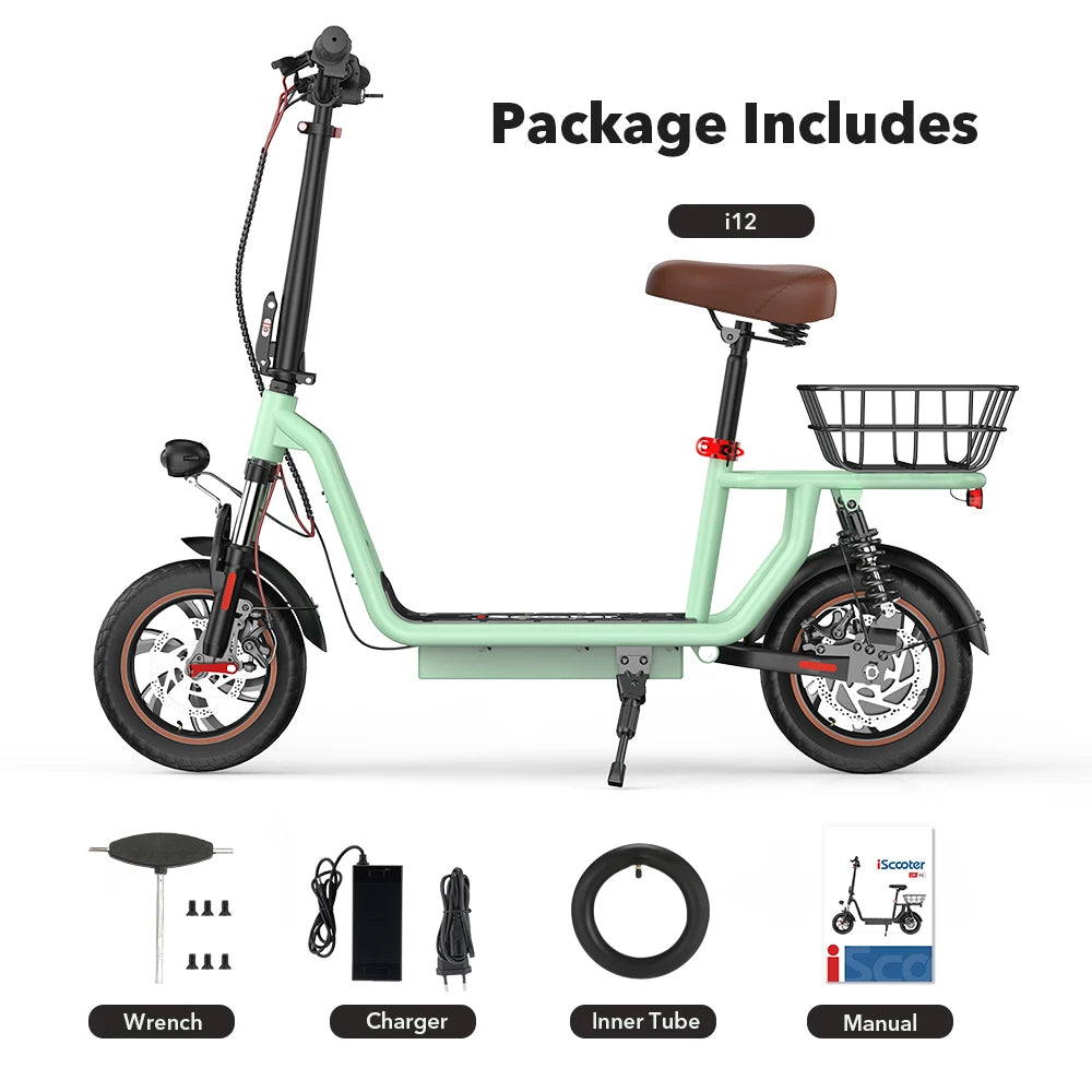 iScooter i12 Electric Scooter With seat And basket 12 Inch 500W Foldable Kick eScooter 36V 7.5Ah Max Range 35km Mobility Scooter - Cilla Scooters