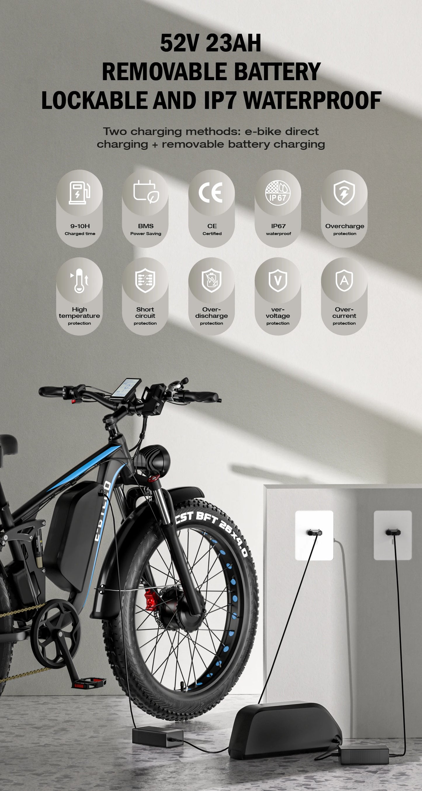 E-BYCCO-Electric Bike EB7Pro, All Terrain Bike with 3000W Motor, 52V 23AH Waterproof Battery, 7-Speed Hydraulic Oil Brake, 26x4.