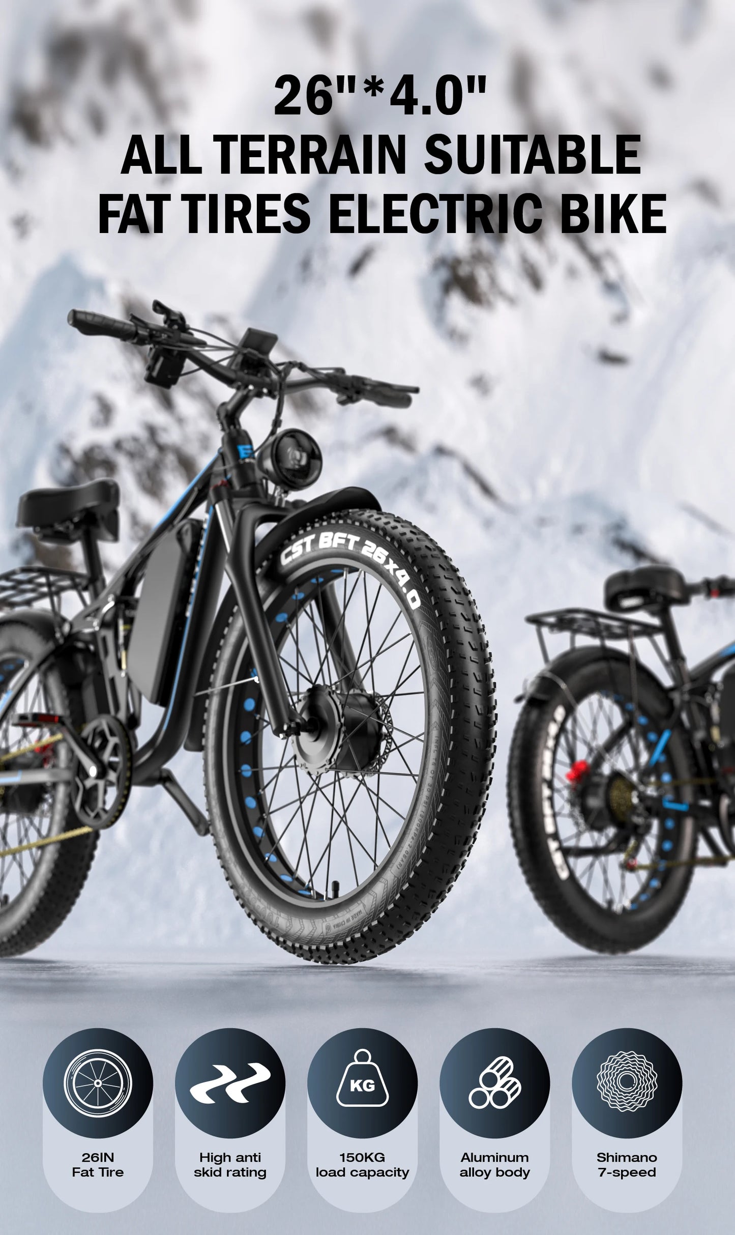 E-BYCCO-Electric Bike EB7Pro, All Terrain Bike with 3000W Motor, 52V 23AH Waterproof Battery, 7-Speed Hydraulic Oil Brake, 26x4.