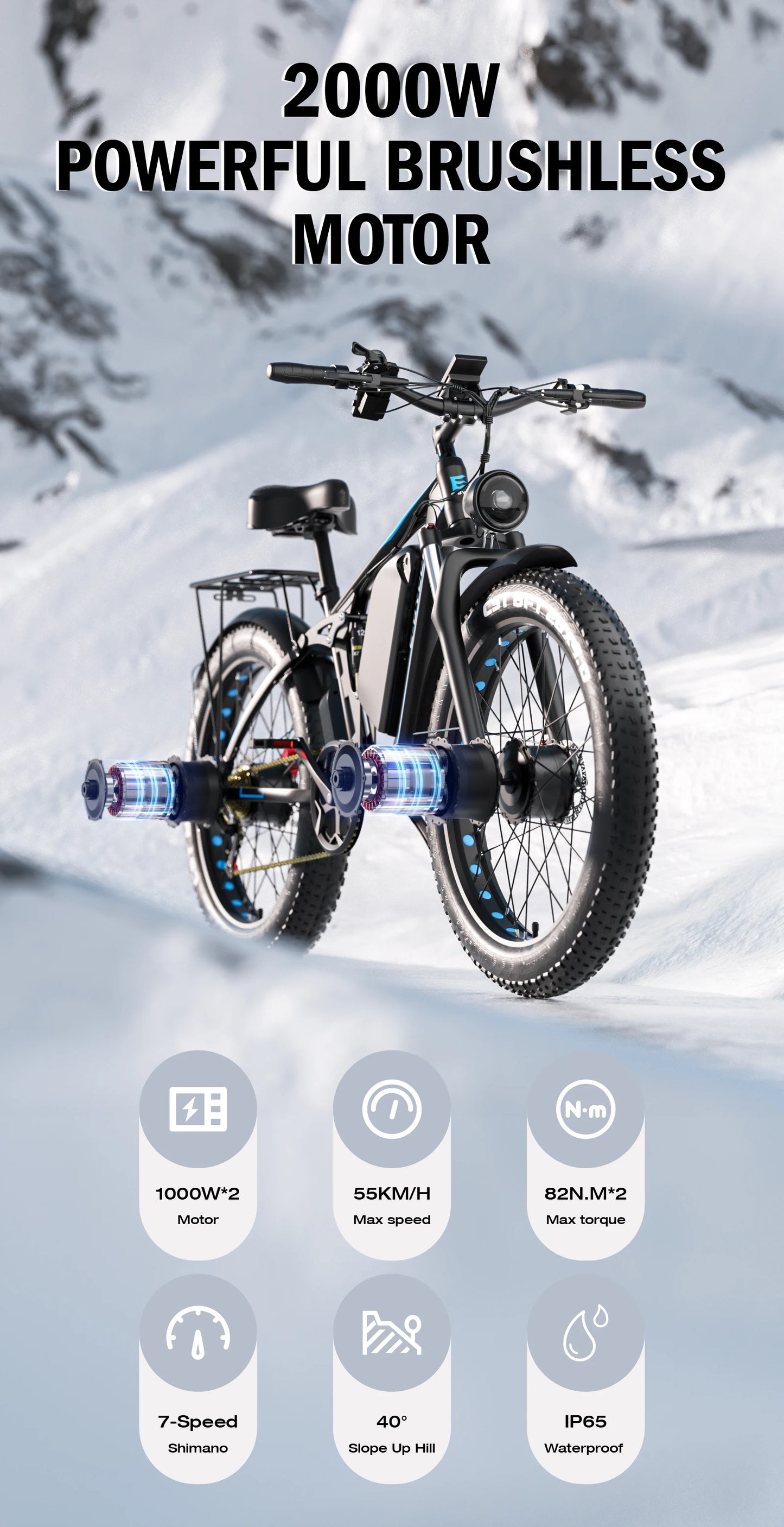 E-BYCCO-Electric Bike EB7Pro, All Terrain Bike with 3000W Motor, 52V 23AH Waterproof Battery, 7-Speed Hydraulic Oil Brake, 26x4.