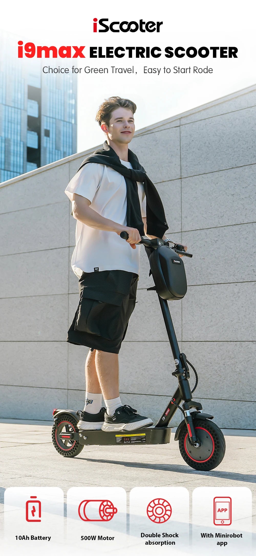 iScooter i9max Electric Scooter 36V 10Ah 500W Motor 40km Max Range 35km/h Speed 10inch Foldable Electric Kick eScooter with App - Cilla Scooters