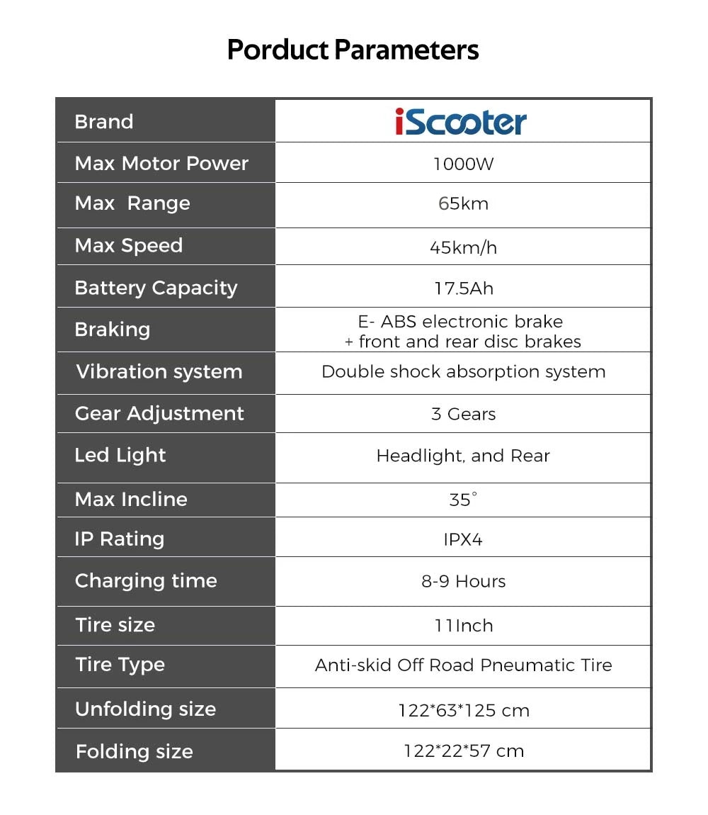 iScooter Electric Scooter 11inch Off-Road 48V17.5Ah 1000W Rear-Wheel Drive Max Speed 45km/h Range 65km Foldable eScooter - Cilla Scooters