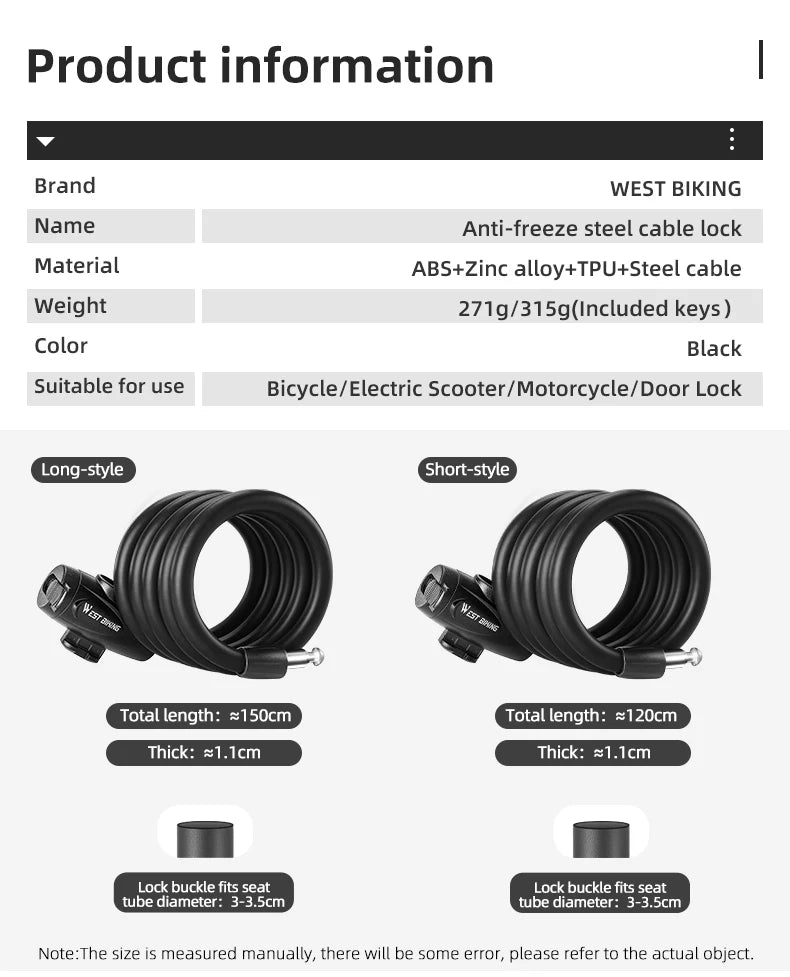 WEST BIKING Anti-freeze Bike Cable Lock 1.2/1.5m Thicken Anti-theft Safety Lock Portable Bicycle Lock MTB Road Bike Accessories - Cilla Scooters