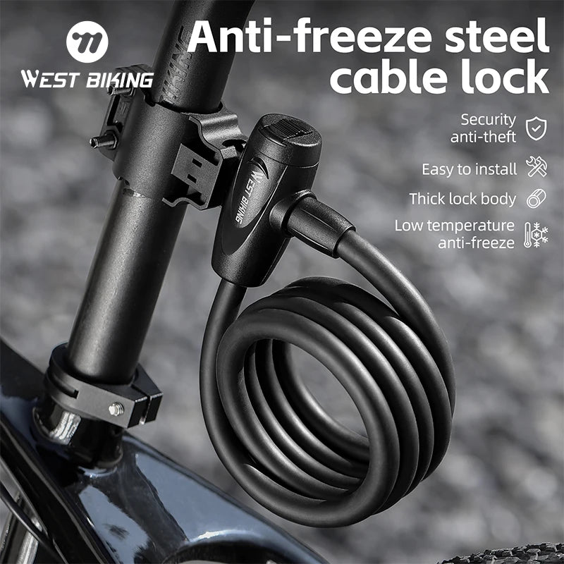 WEST BIKING Anti-freeze Bike Cable Lock 1.2/1.5m Thicken Anti-theft Safety Lock Portable Bicycle Lock MTB Road Bike Accessories - Cilla Scooters
