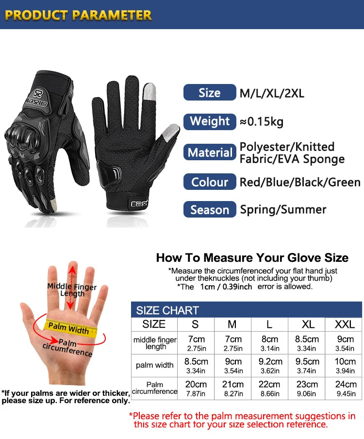 Summer Breathable Full Finger Motorcycle Gloves Touch Screen non slip - Cilla Scooters