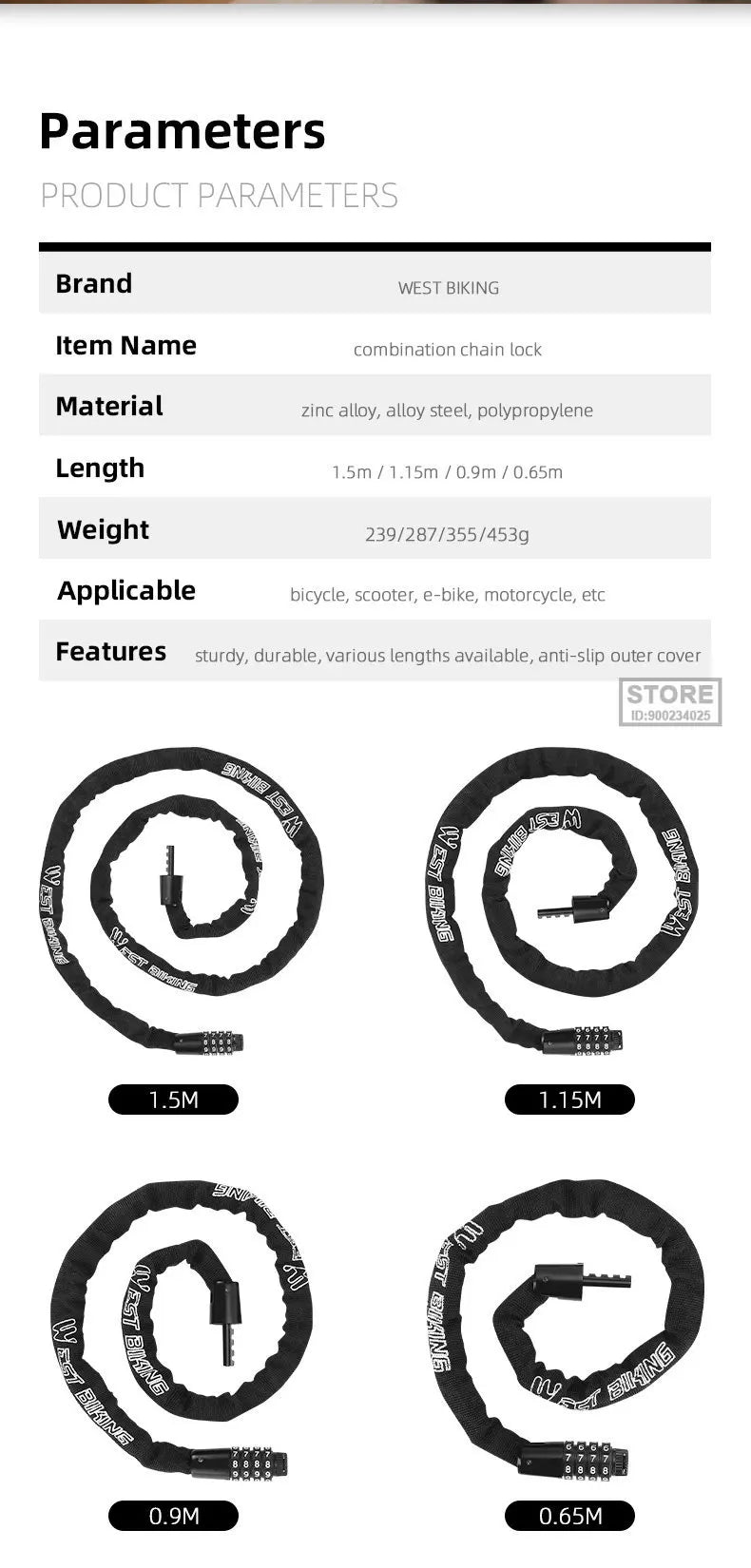 Bike Chain Lock 65-150cm Anti-theft 4 Code Safety