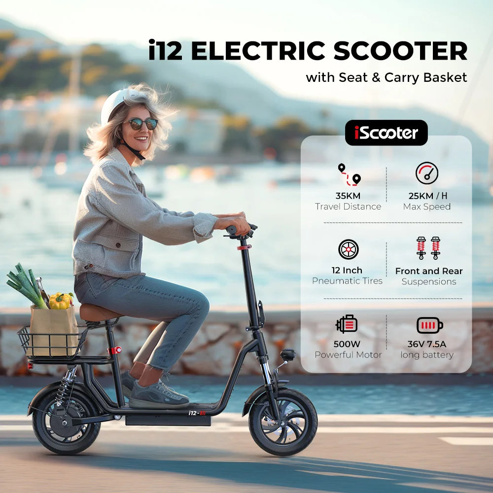 iScooter i12 Electric Scooter With seat And basket 12 Inch 500W Foldable Kick eScooter 36V 7.5Ah Max Range 35km Mobility Scooter - Cilla Scooters