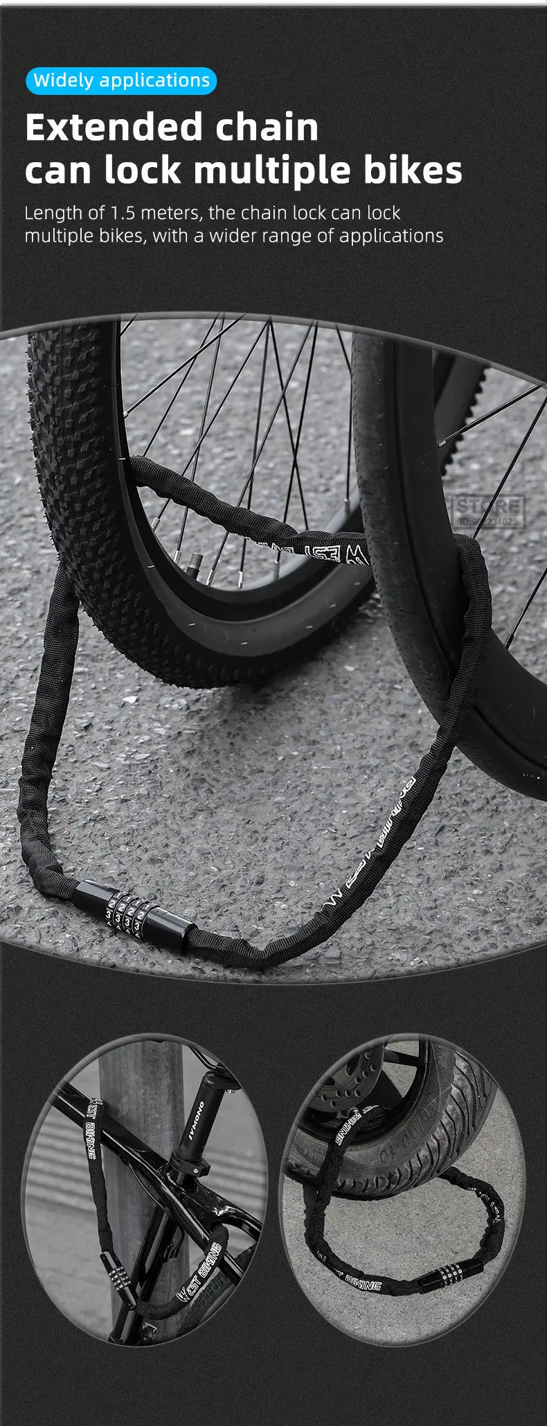 Bike Chain Lock 65-150cm Anti-theft 4 Code Safety
