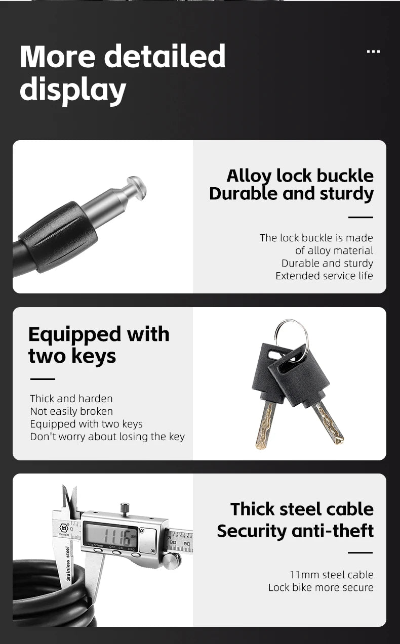 WEST BIKING Anti-freeze Bike Cable Lock 1.2/1.5m Thicken Anti-theft Safety Lock Portable Bicycle Lock MTB Road Bike Accessories - Cilla Scooters