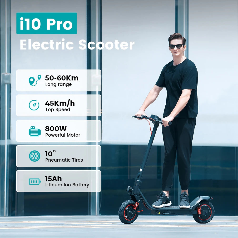 iscooter i10pro Electric Scooter 10 Inch Tire 800W 48V 15Ah Foldable eScooter Max speed 45km/h Range 60KM Kick Scooter With App - Cilla Scooters