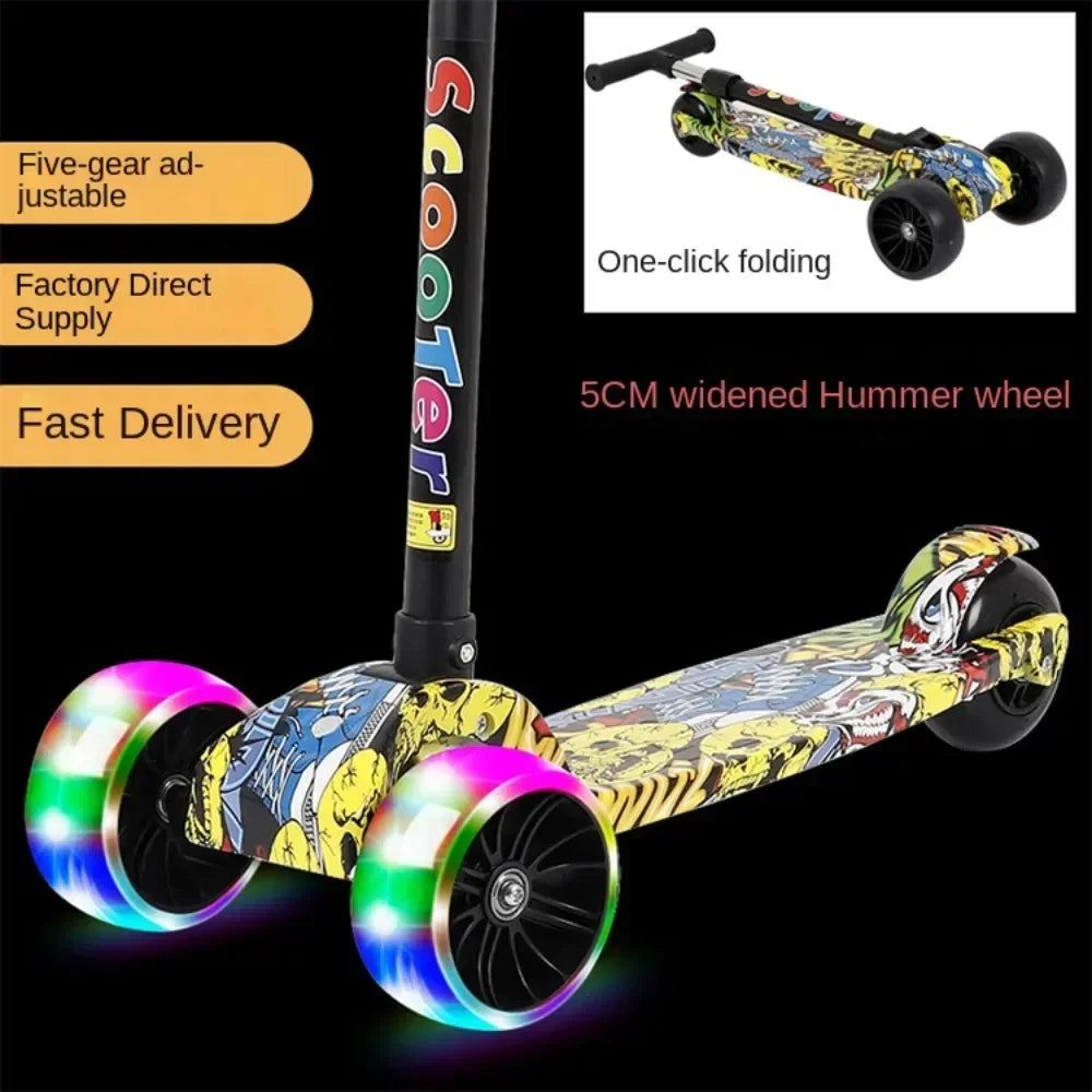 2024 New Foldable Children Scooter Widened Pedals with Flash Wheels 3 Wheel Scooter Lightweight Adjustable Height Kids Scooter
