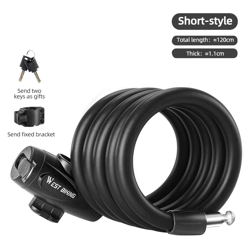 WEST BIKING Anti-freeze Bike Cable Lock 1.2/1.5m Thicken Anti-theft Safety Lock Portable Bicycle Lock MTB Road Bike Accessories - Cilla Scooters