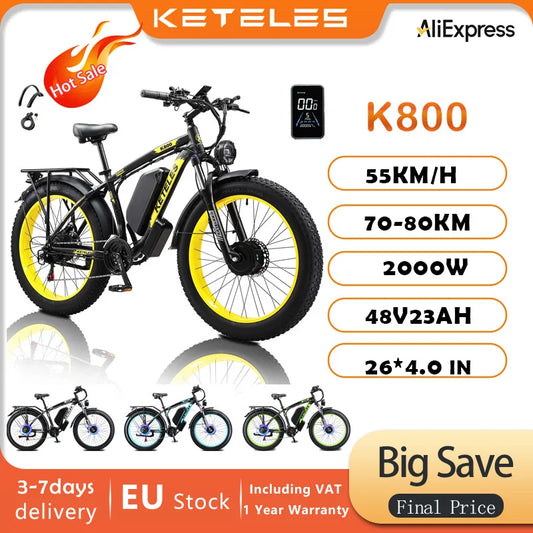 KETELES K800 2000W Mountain Electric Bike 70-80 km 55km/h 26 in Tire Hydraulic brake Aluminum alloy front fork shock absorber