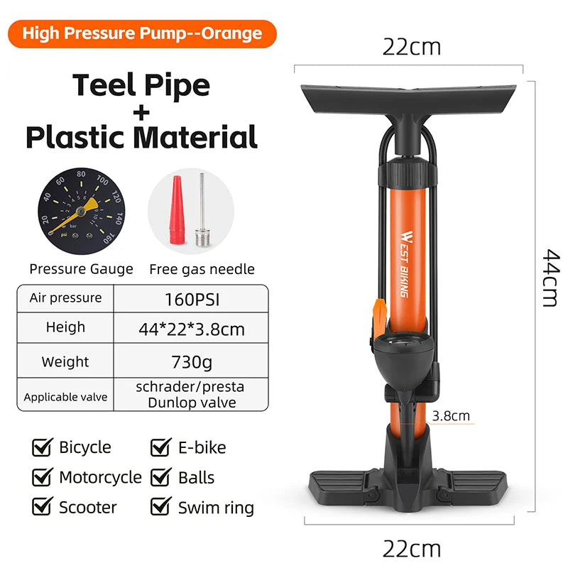 WEST BIKING Bicycle Pump 160PSI Portable Steel Vertical Pump Schrader Presta Valve Inflator MTB Road Bike Pump Bike Accessories