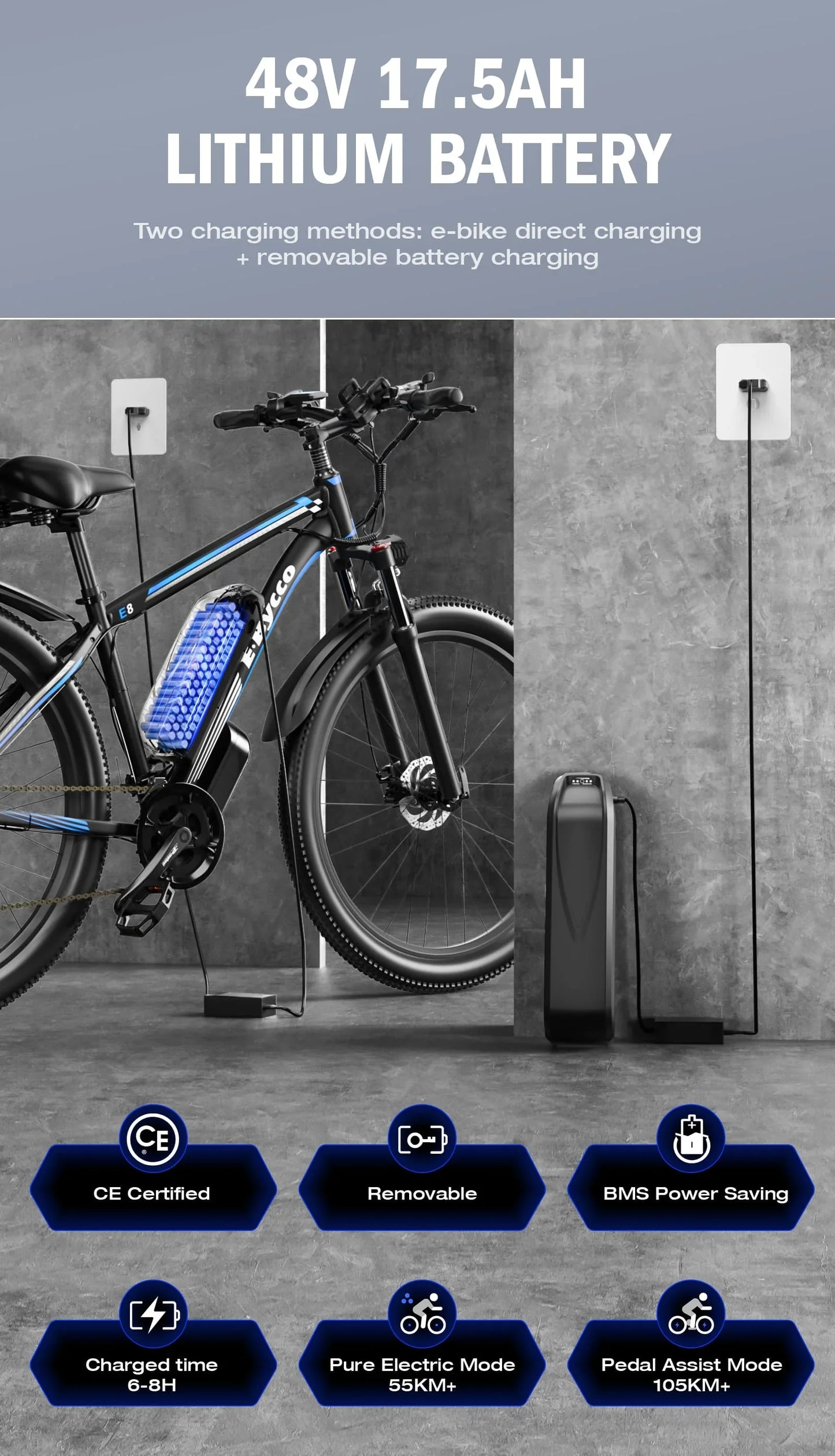 E-BYCCO E8 E-bike 750W Motor 48V17.5AH Removable Battery Electric Bike 29” Tire Mountain  Snow Off-road Adult Electric Bicycle