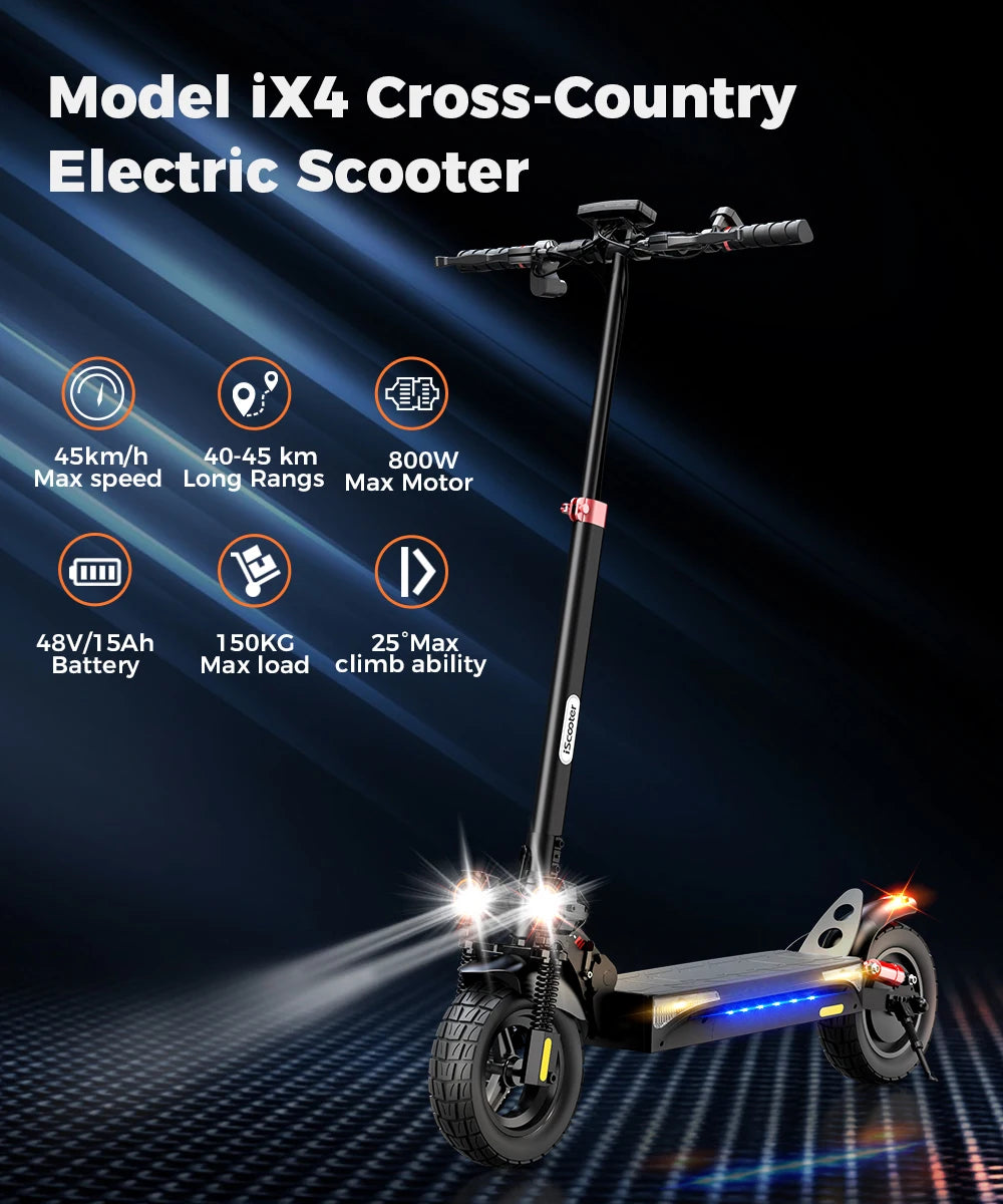 iScooter iX4 Electric Scooter 800W Motor 48V 15Ah 40-45km Range 45km/h Speed Dual Disc Brake foldable Off-Road eScooter With App - Cilla Scooters