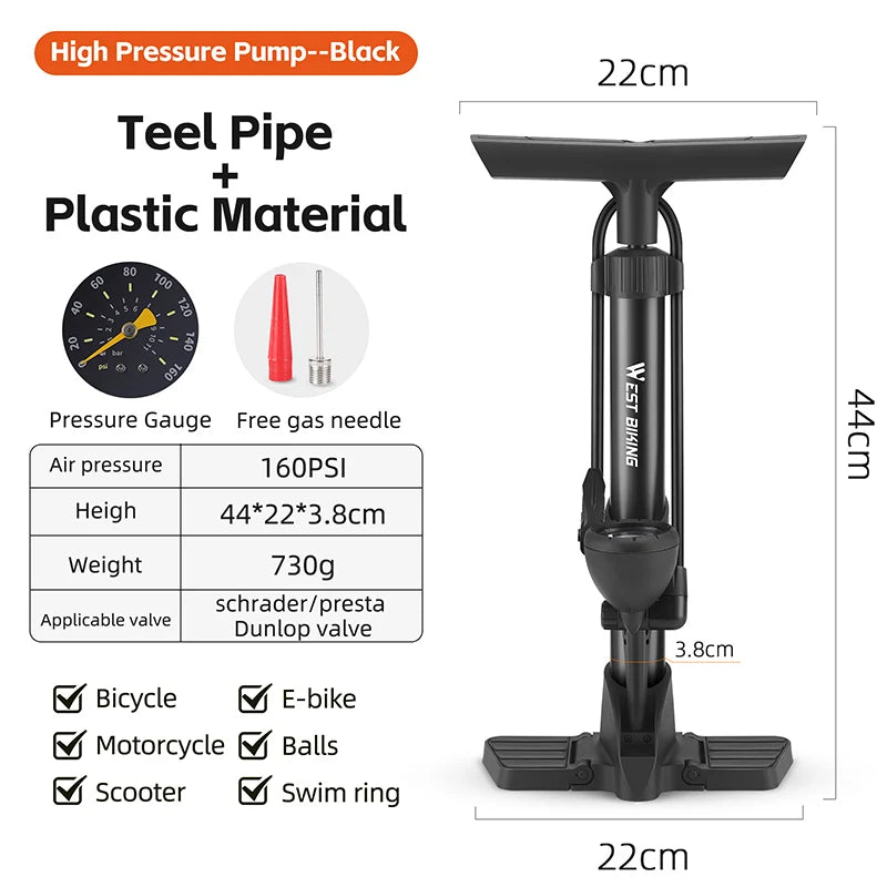 WEST BIKING Bicycle Pump 160PSI Portable Steel Vertical Pump Schrader Presta Valve Inflator MTB Road Bike Pump Bike Accessories