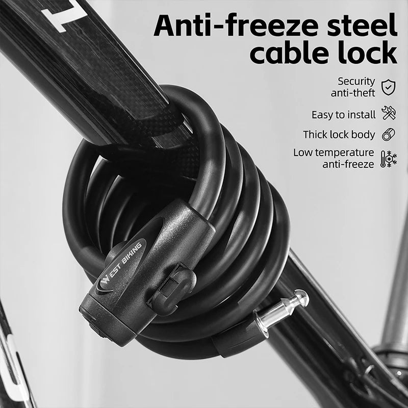 WEST BIKING Anti-freeze Bike Cable Lock 1.2/1.5m Thicken Anti-theft Safety Lock Portable Bicycle Lock MTB Road Bike Accessories - Cilla Scooters