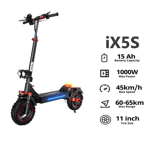 iScooter iX5S Electric Scooter Rear Drive Off-Road 11 Inch Tire 1000W 48V Range 65km Max Speed 45km/h Foldable Electric eScooter - Cilla Scooters