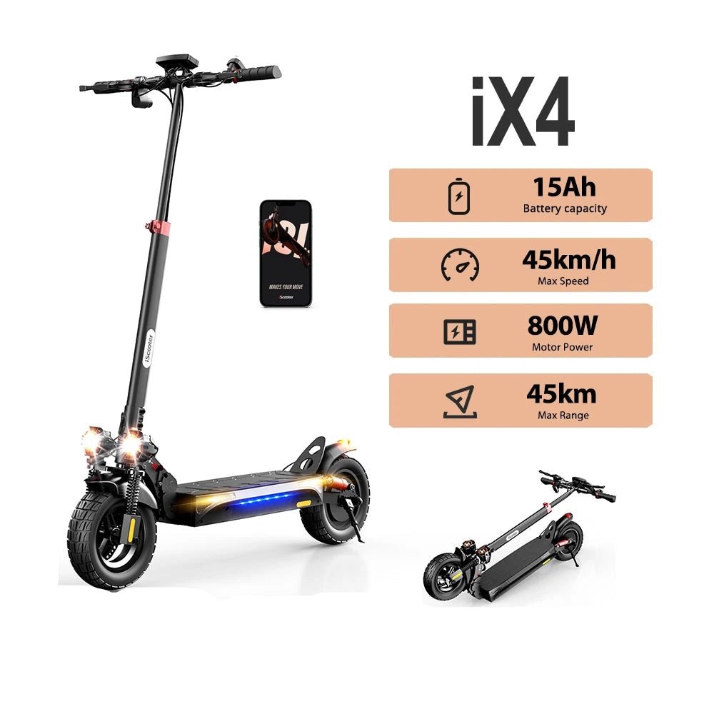 iScooter iX4 Electric Scooter 800W Motor 48V 15Ah 40-45km Range 45km/h Speed Dual Disc Brake foldable Off-Road eScooter With App - Cilla Scooters